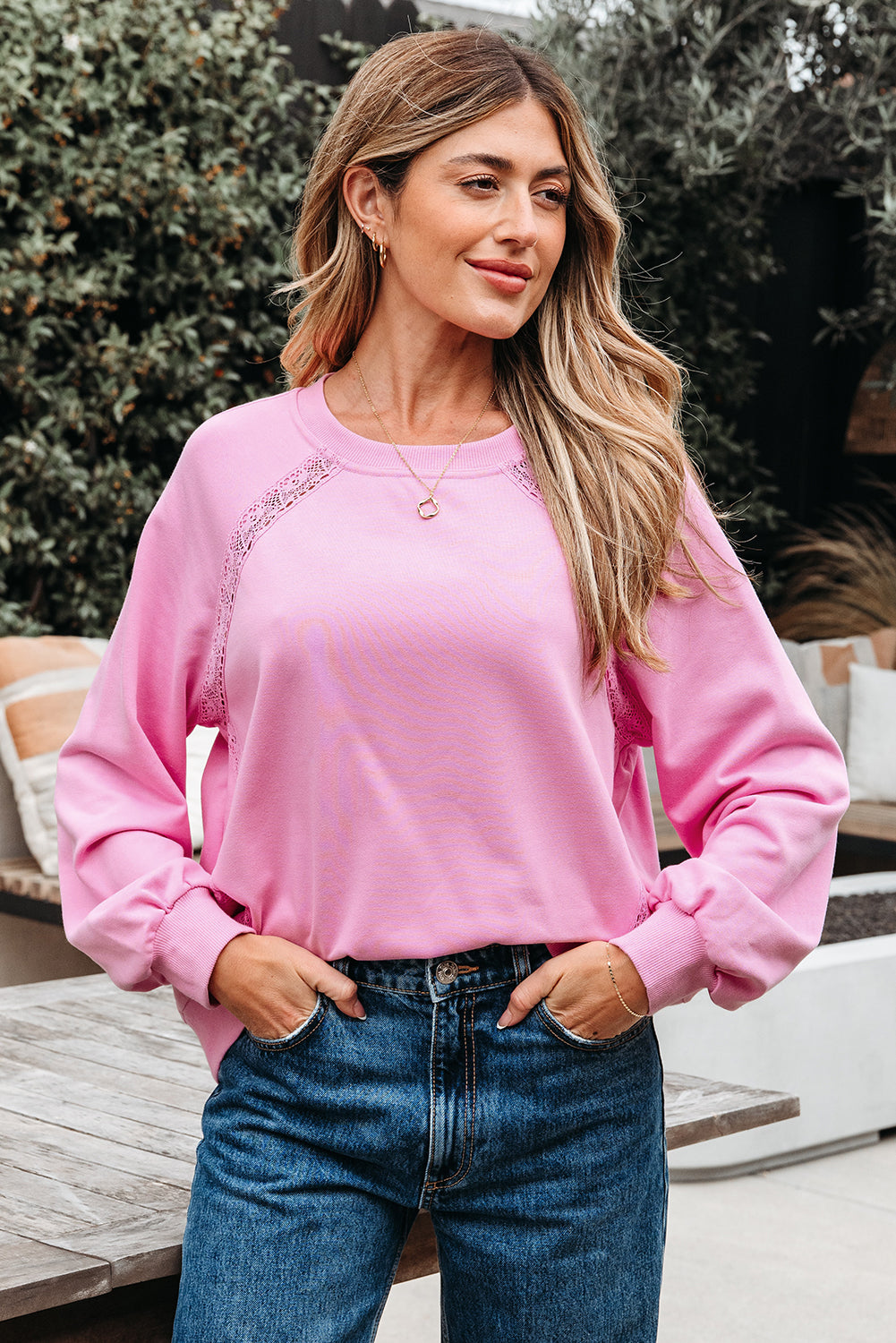 Bright Pink Lace Sweatshirt