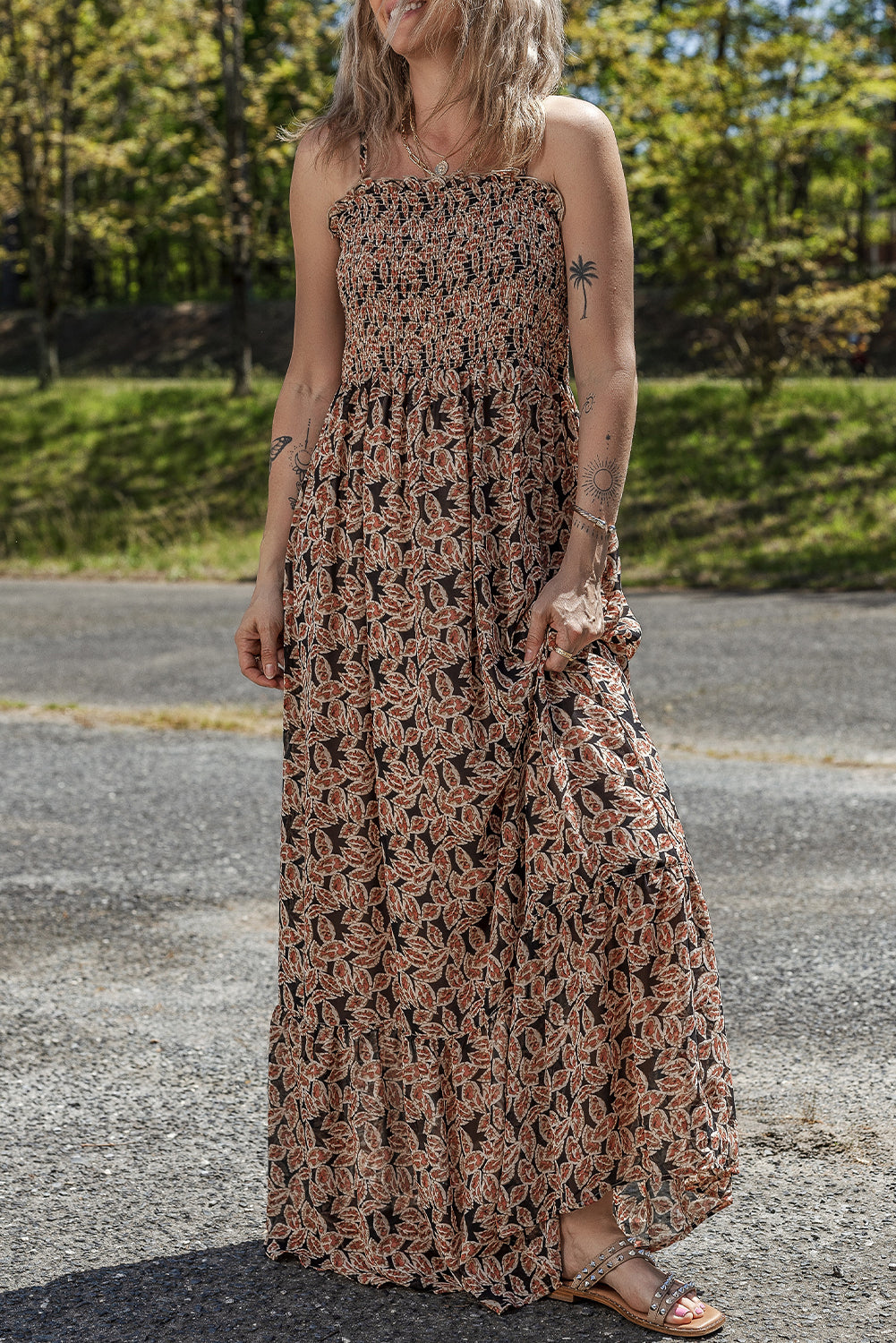 Brown Floral Smocked Flowy Sun Dress