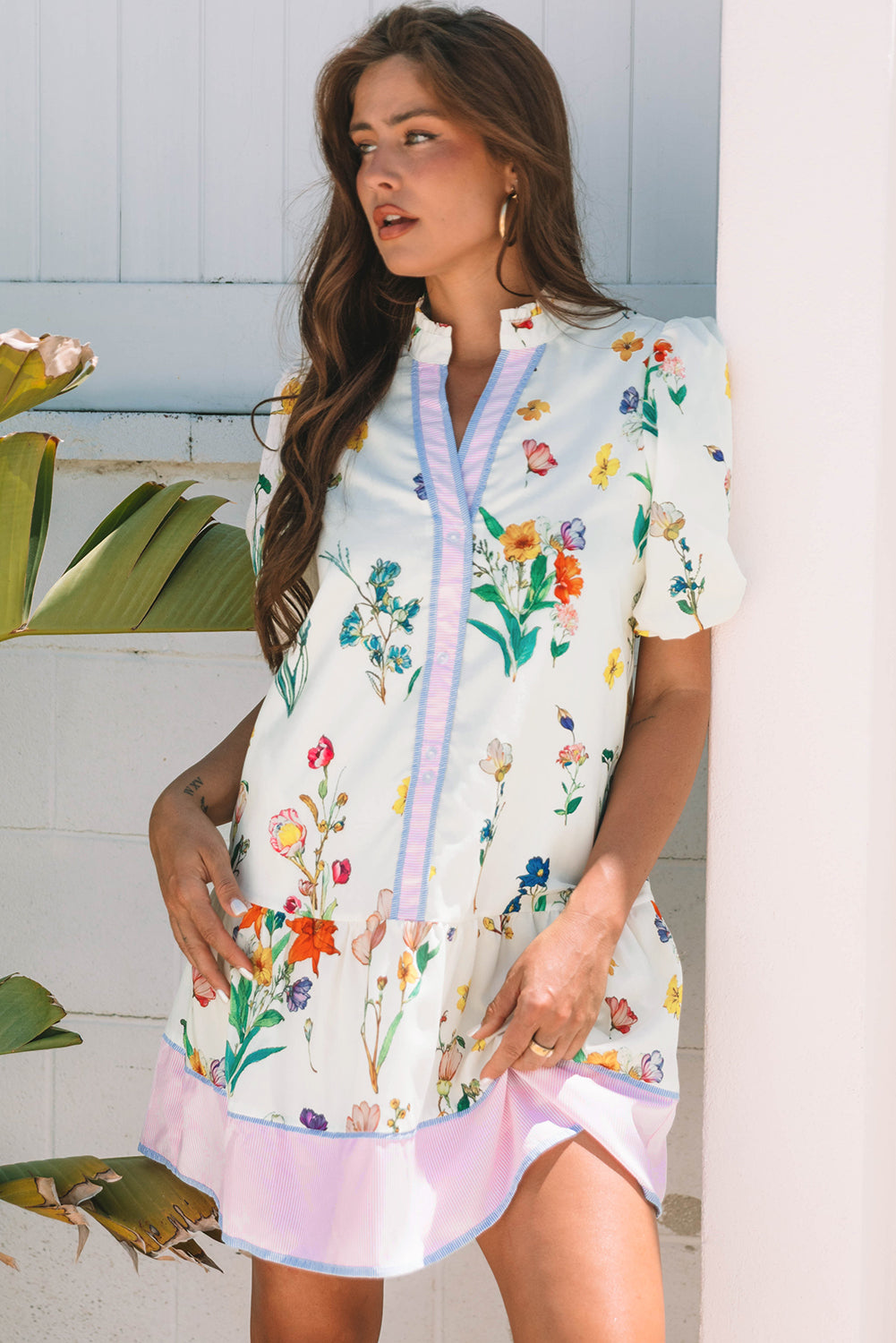 White Floral Print Short Puff Sleeve Dress