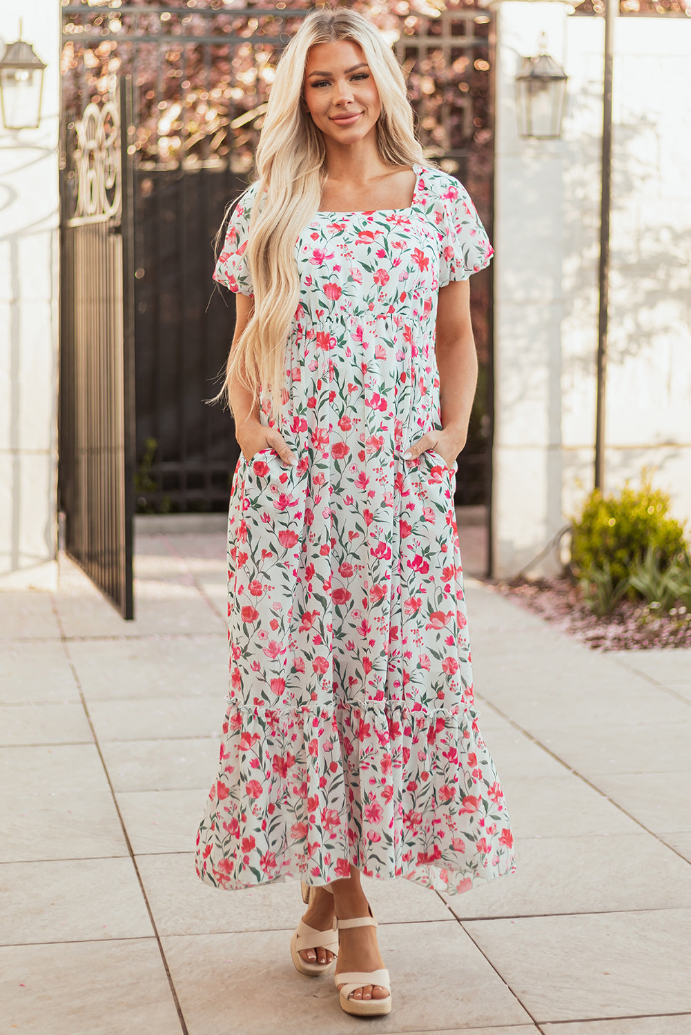 Pink Floral Puff Sleeve Maxi Dress