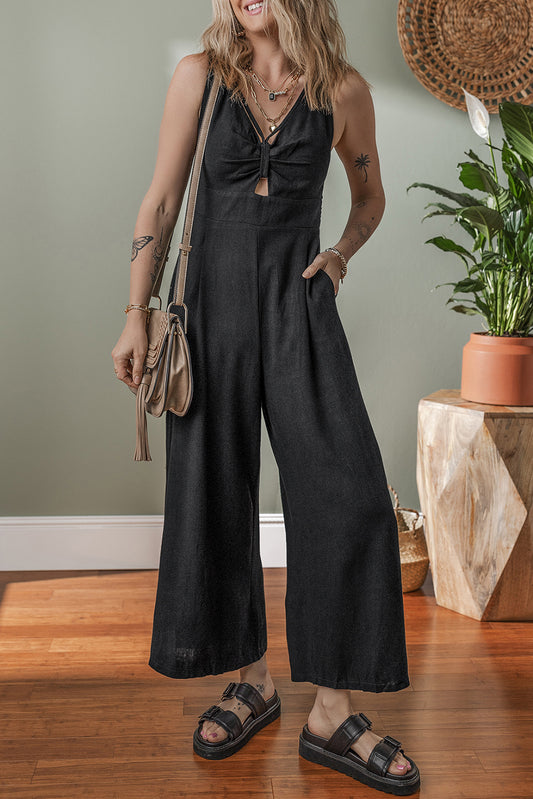 Black Smocked Wide Leg Jumpsuit