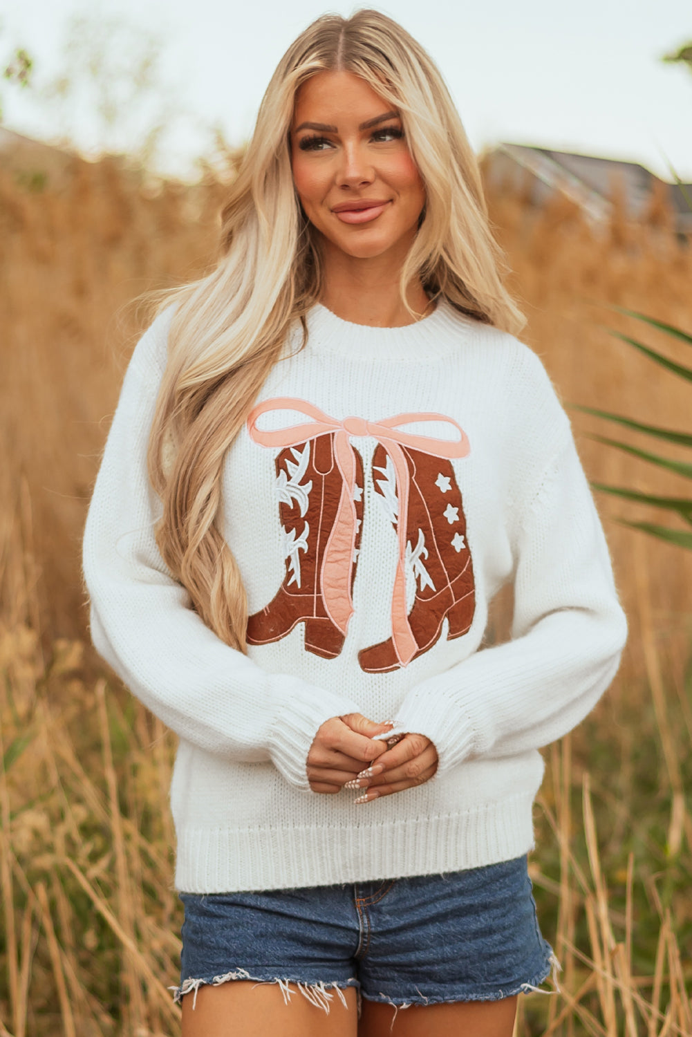 White Embroidered Bow Boots Sweater