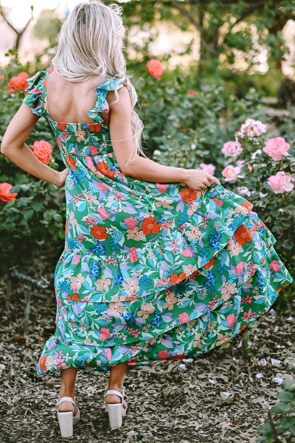 Green Floral Print Maxi Dress