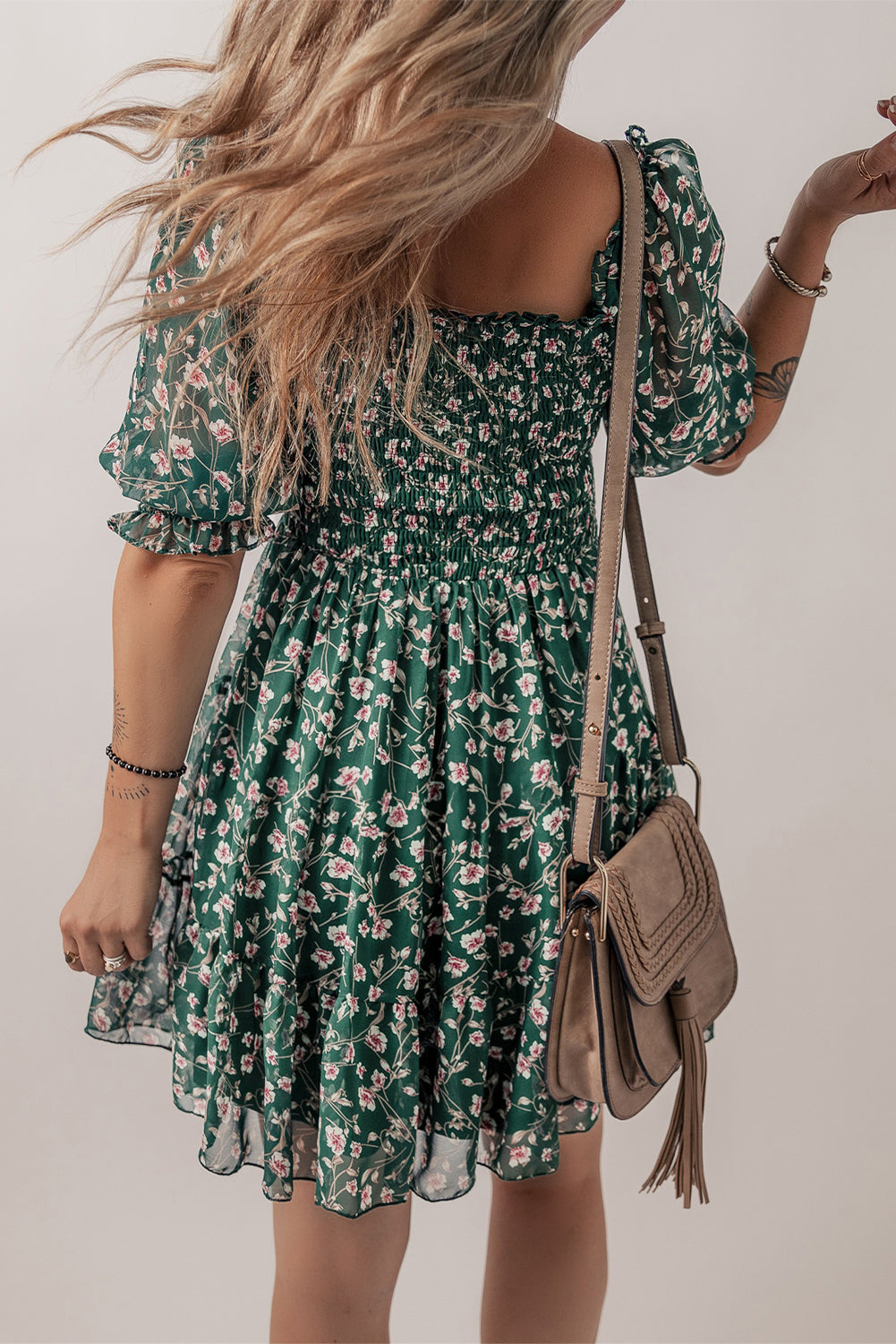 Green Smocked Floral Dress