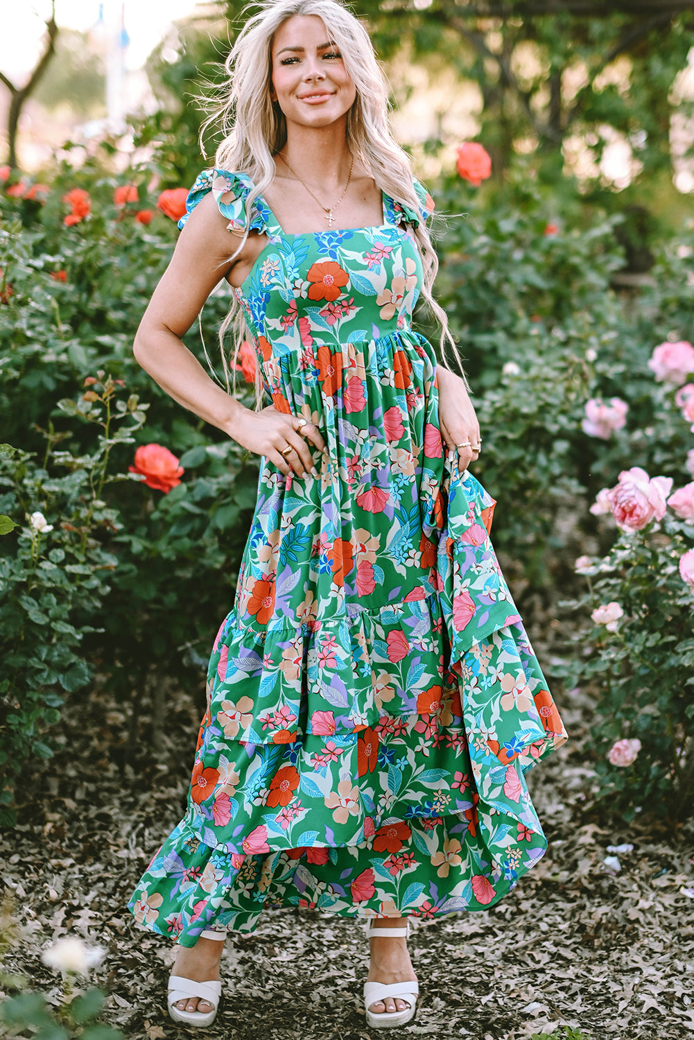 Green Floral Print Maxi Dress