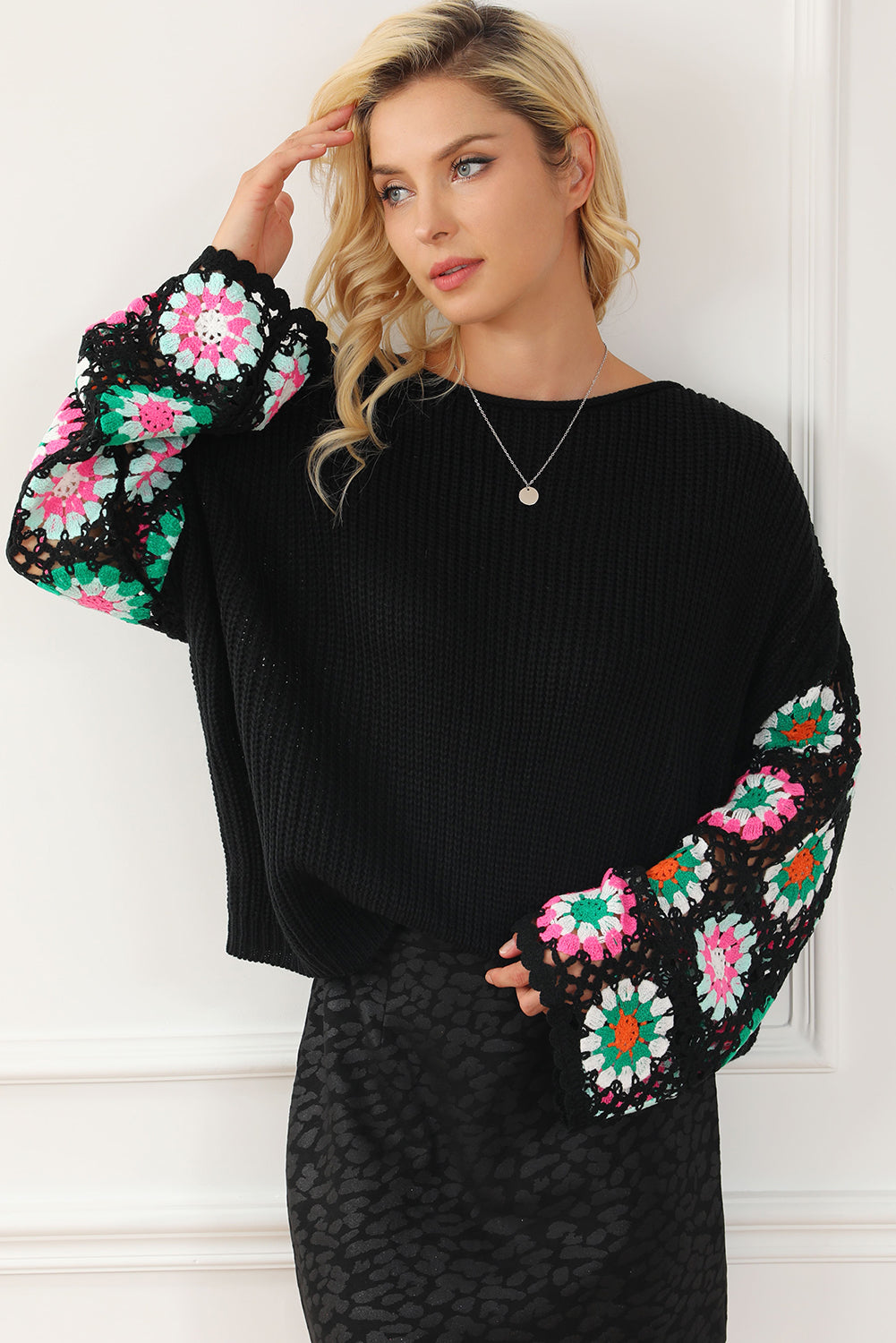 Black Floral Crochet Sweater Top