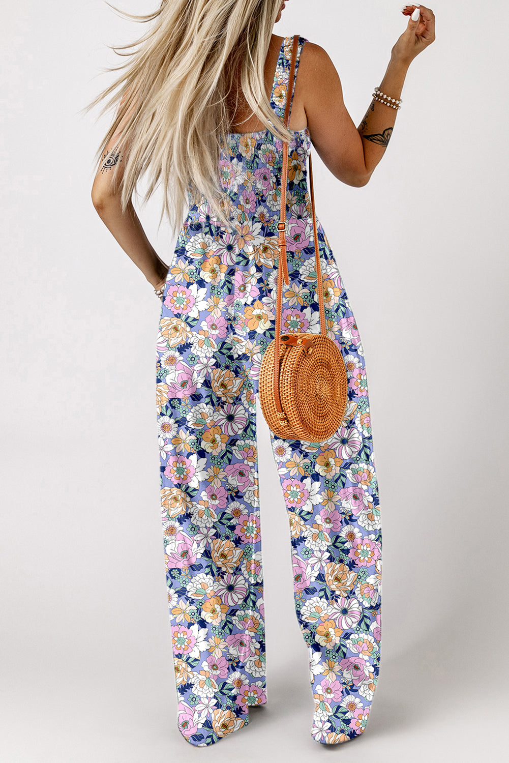 Purple Floral Print Smocked Jumpsuit