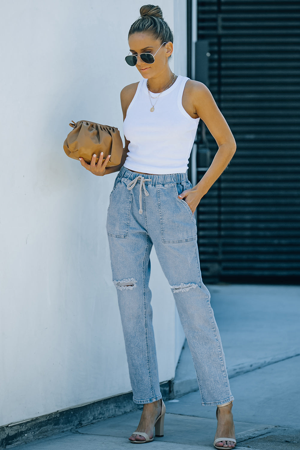 Blue Distressed Pocketed Denim Jogger