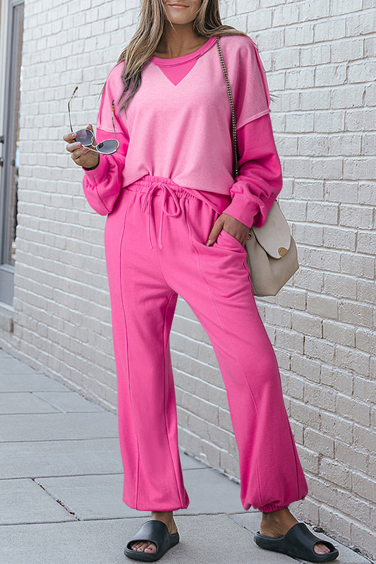Pink Contrast Patchwork Joggers Set