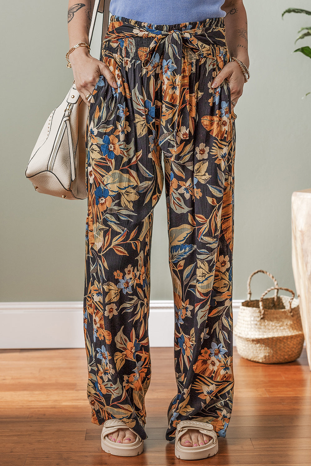 Multicolour Floral Wide Leg Pants with Tie