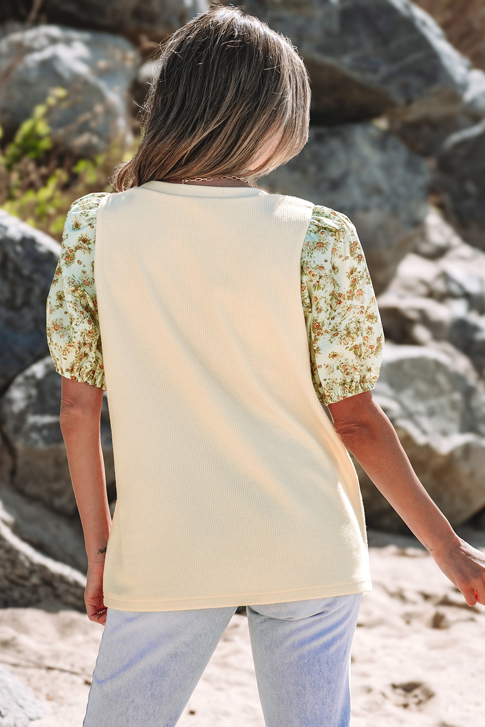 Beige Floral Patchwork Ribbed Top