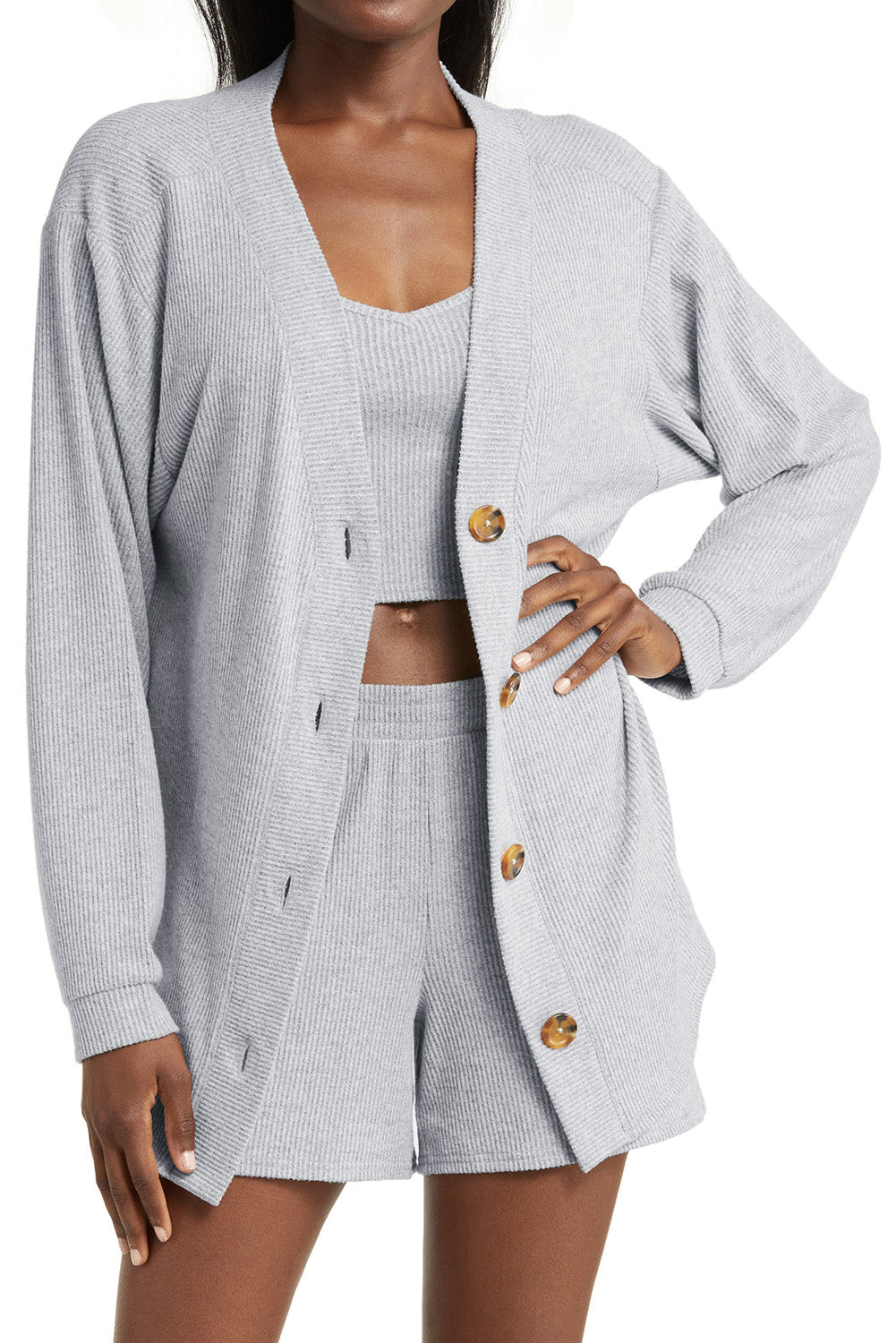 Light Grey 3 Pieces Lounge Set with Cardigan