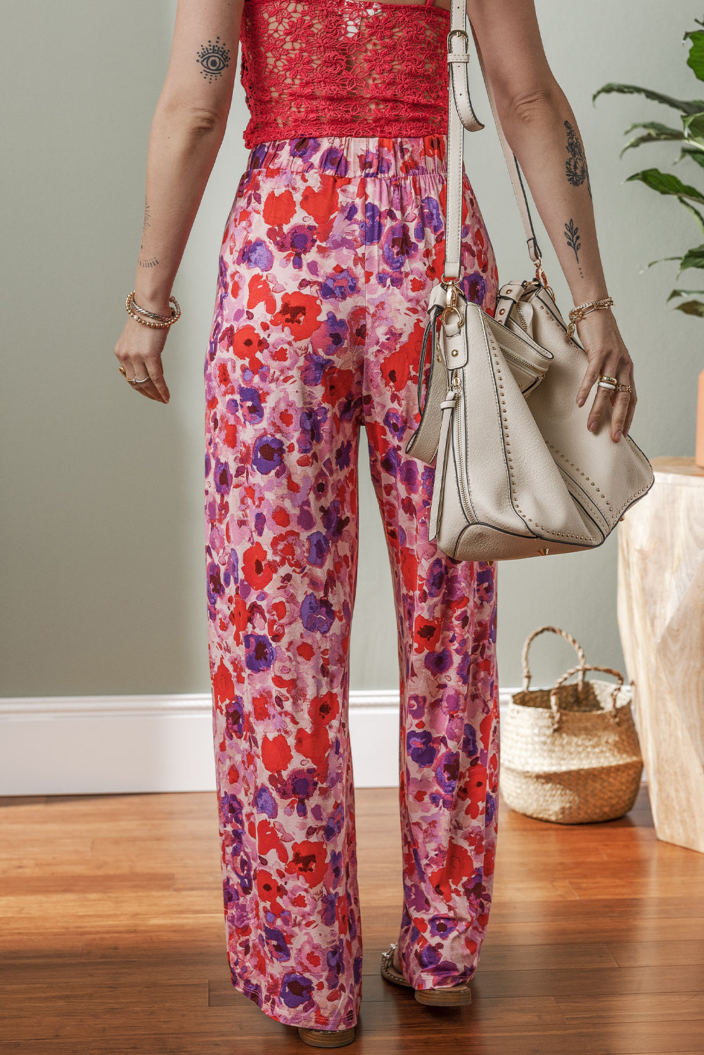 Purple Floral Wide Leg Pants