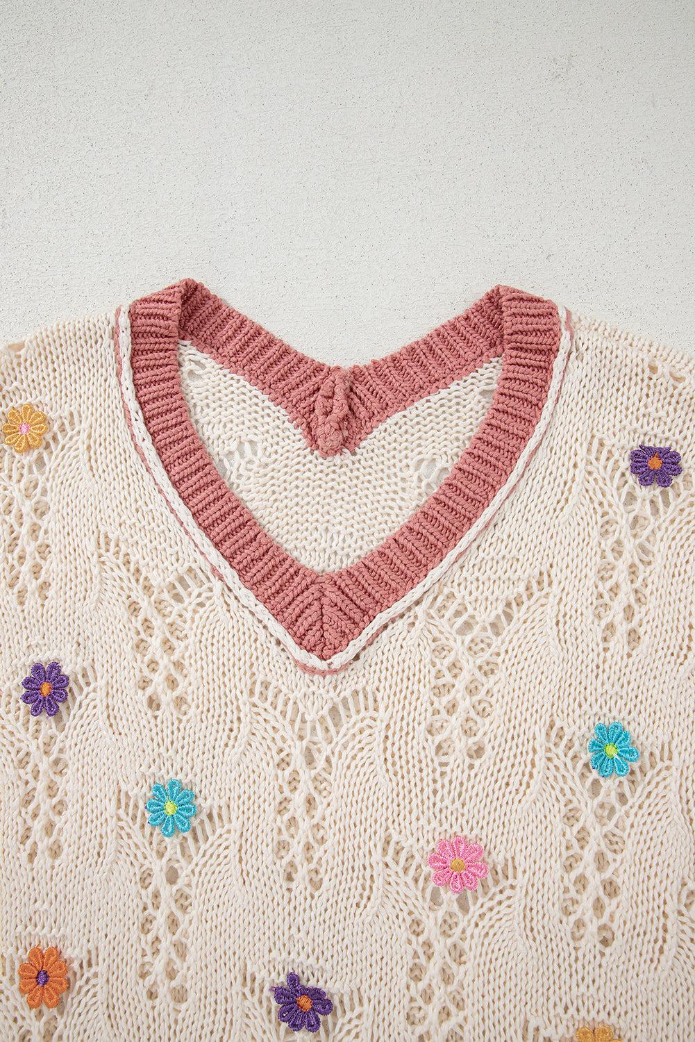 Embroidered Flowers Colorblock Sweater