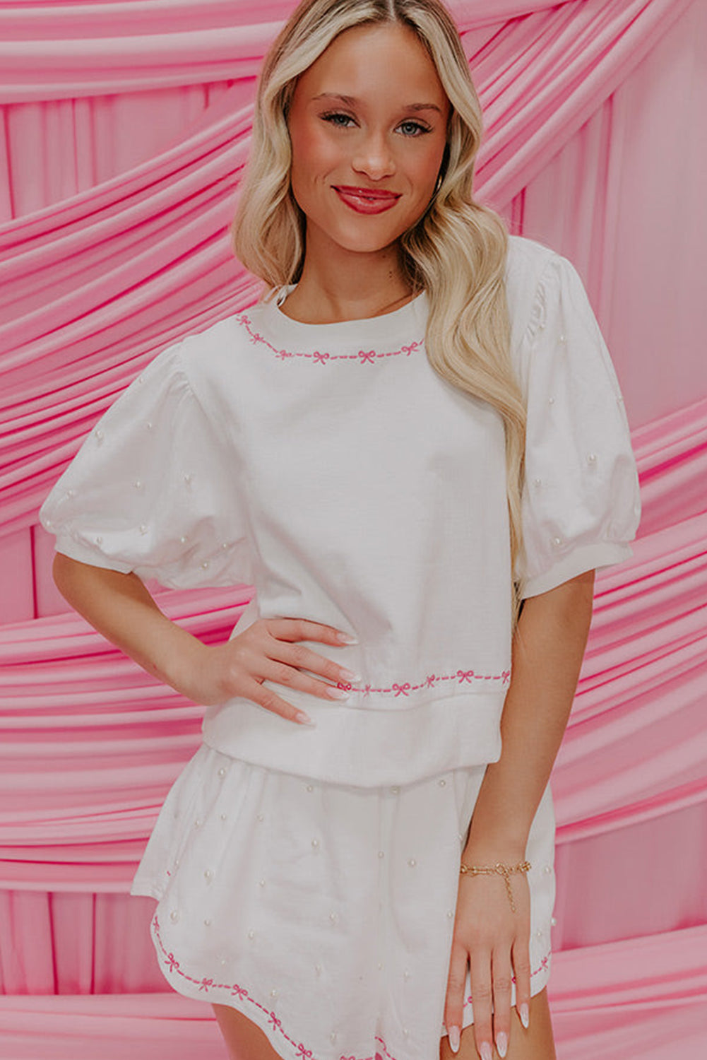 White Pearl Sleeve Blouse and Skort Set