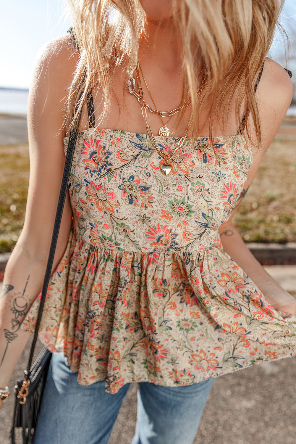 Apricot Floral Ruffled Peplum Top
