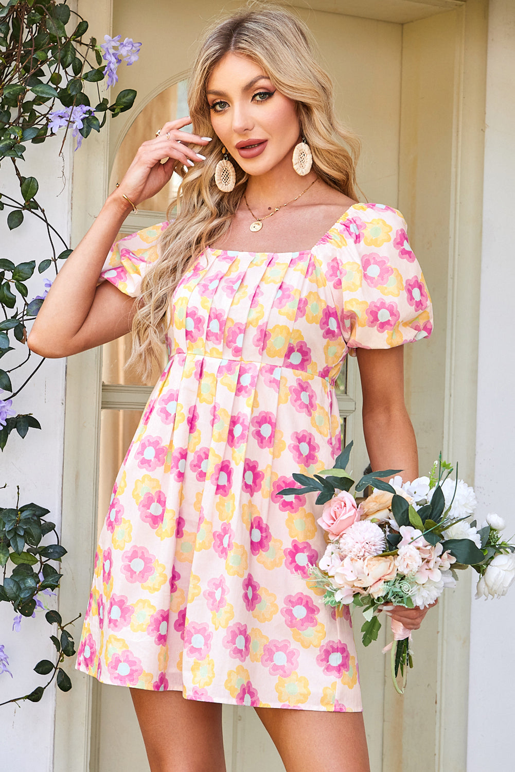Rose Vibrant Floral Flared Midi Dress