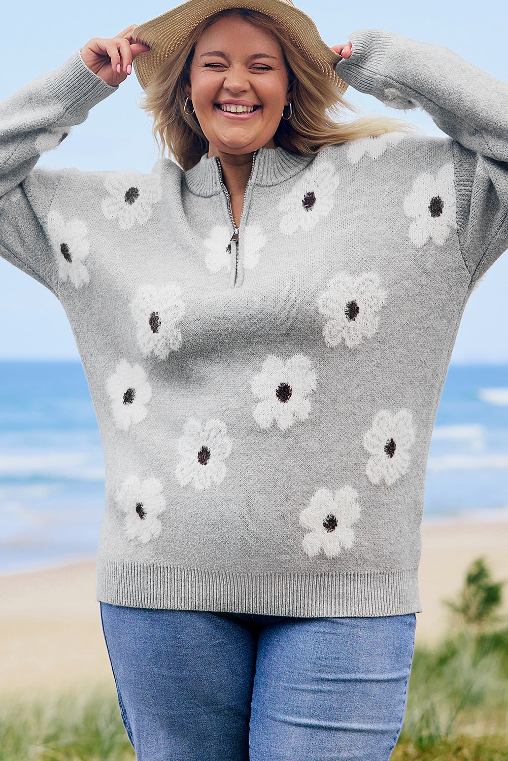 Gray Embroidered Floral Half Zip Sweater