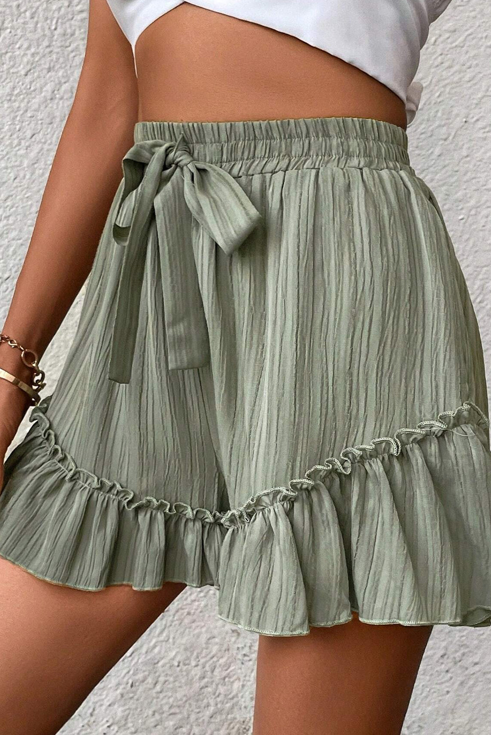 Green Textured Tie Waist Ruffle Shorts