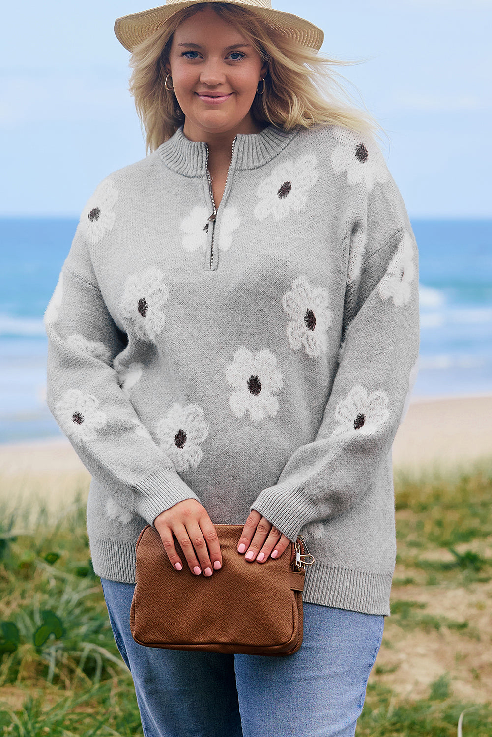 Gray Embroidered Floral Half Zip Sweater