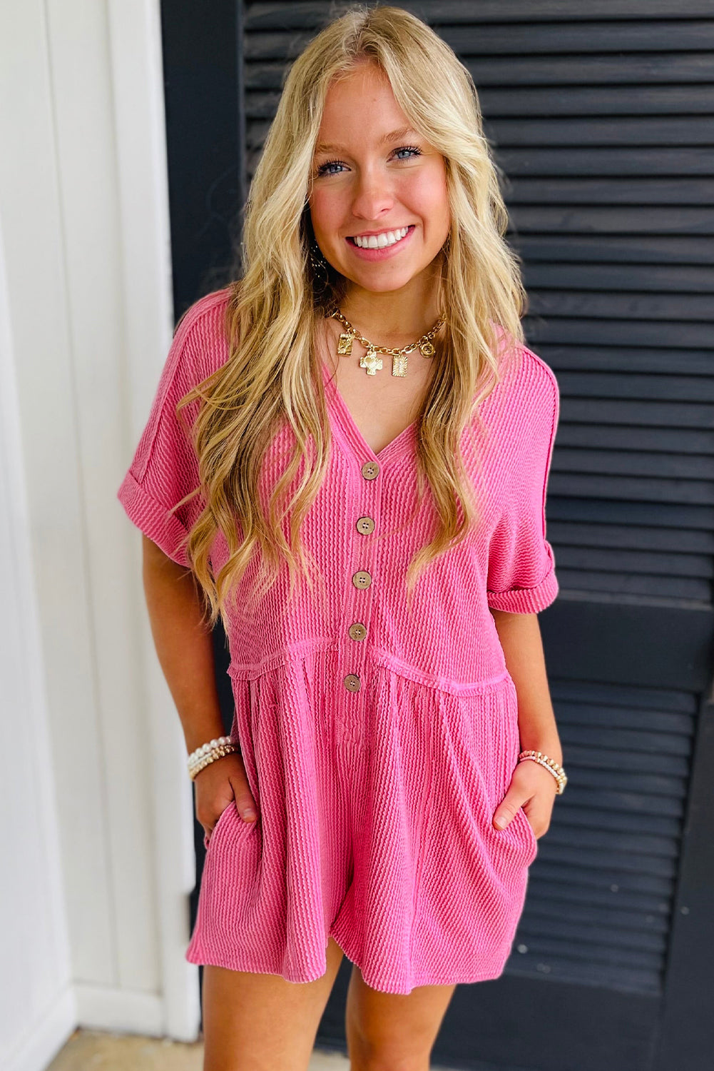 Bright Pink Buttoned Romper
