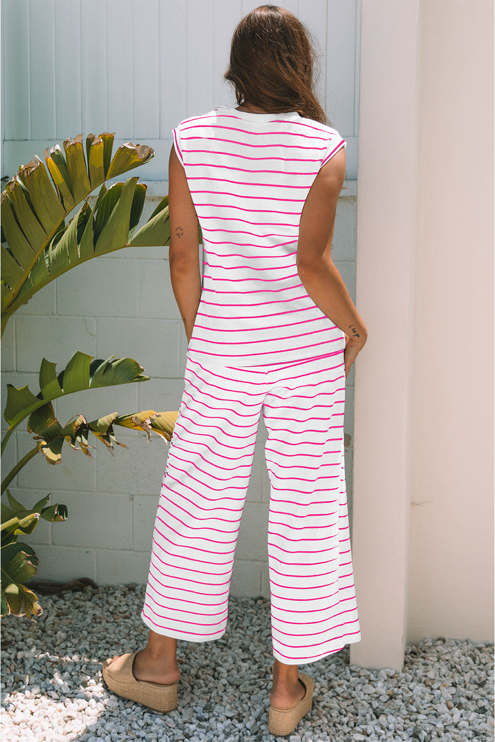 Rose Stripe Wide Leg Pants Set