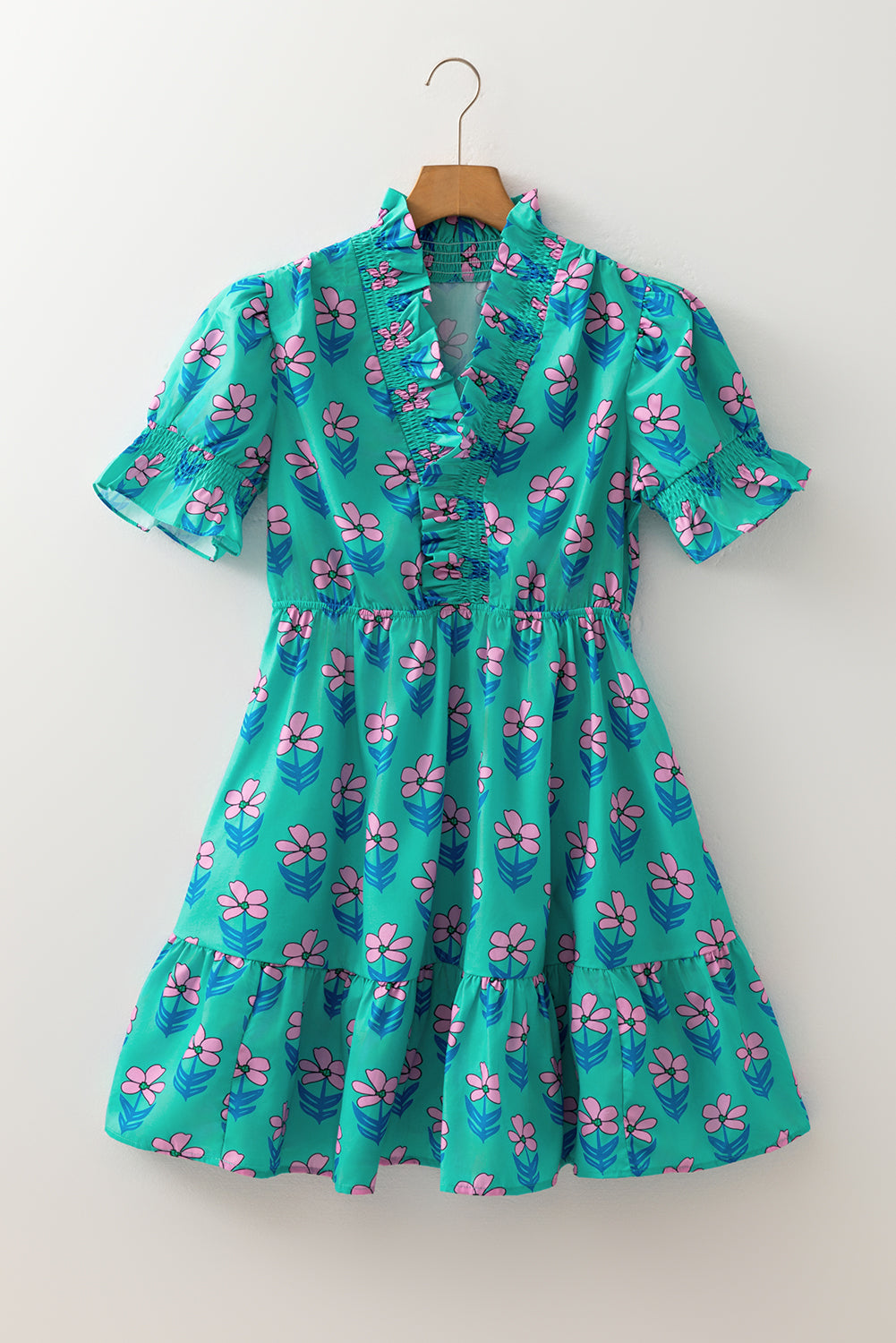 Green Floral Print High Waist Mini Dress
