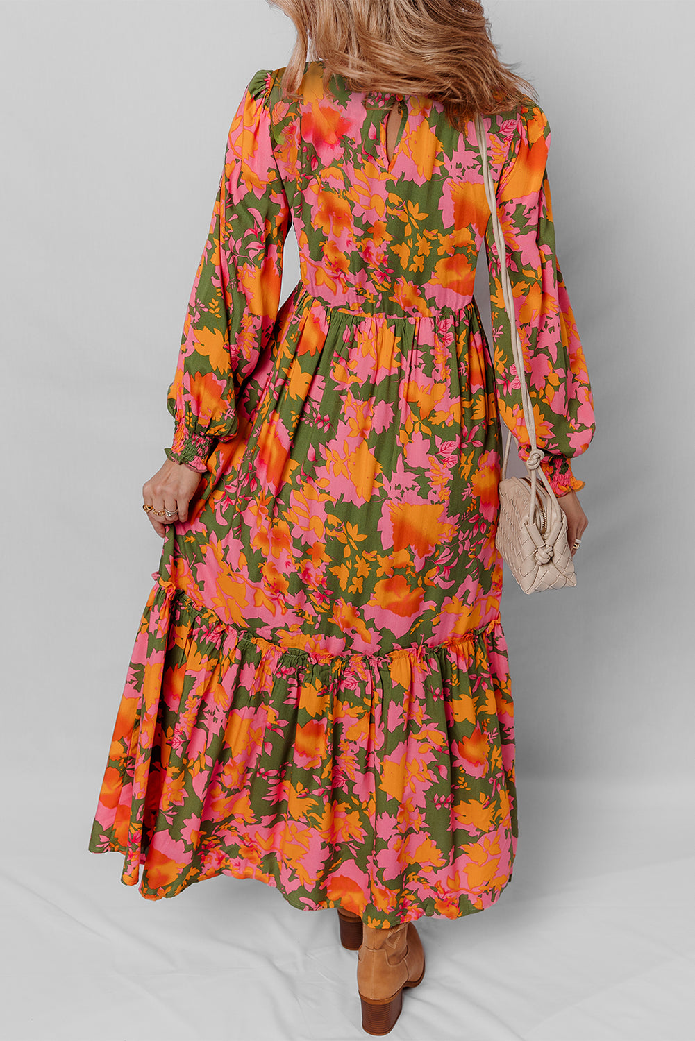 Orange Floral Puff Sleeve Dress