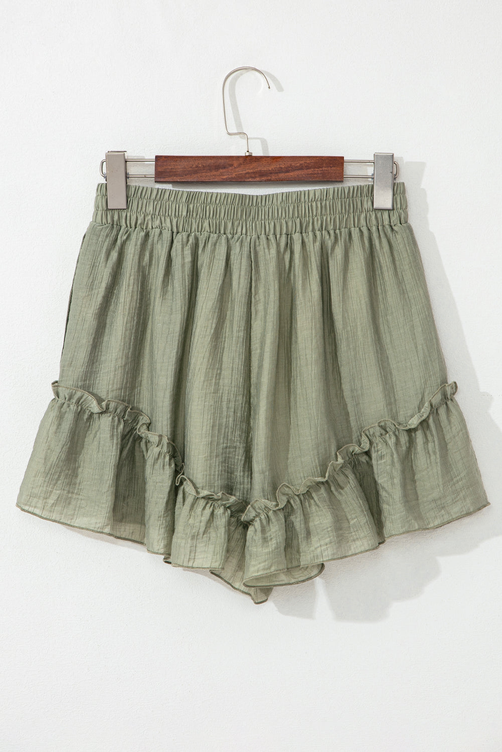 Green Textured Tie Waist Ruffle Shorts