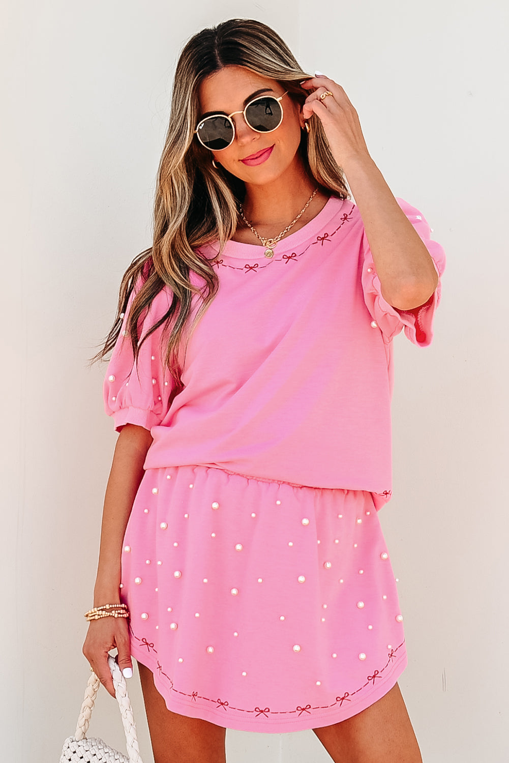 Pink Contrast Bow Trim Pearl Set