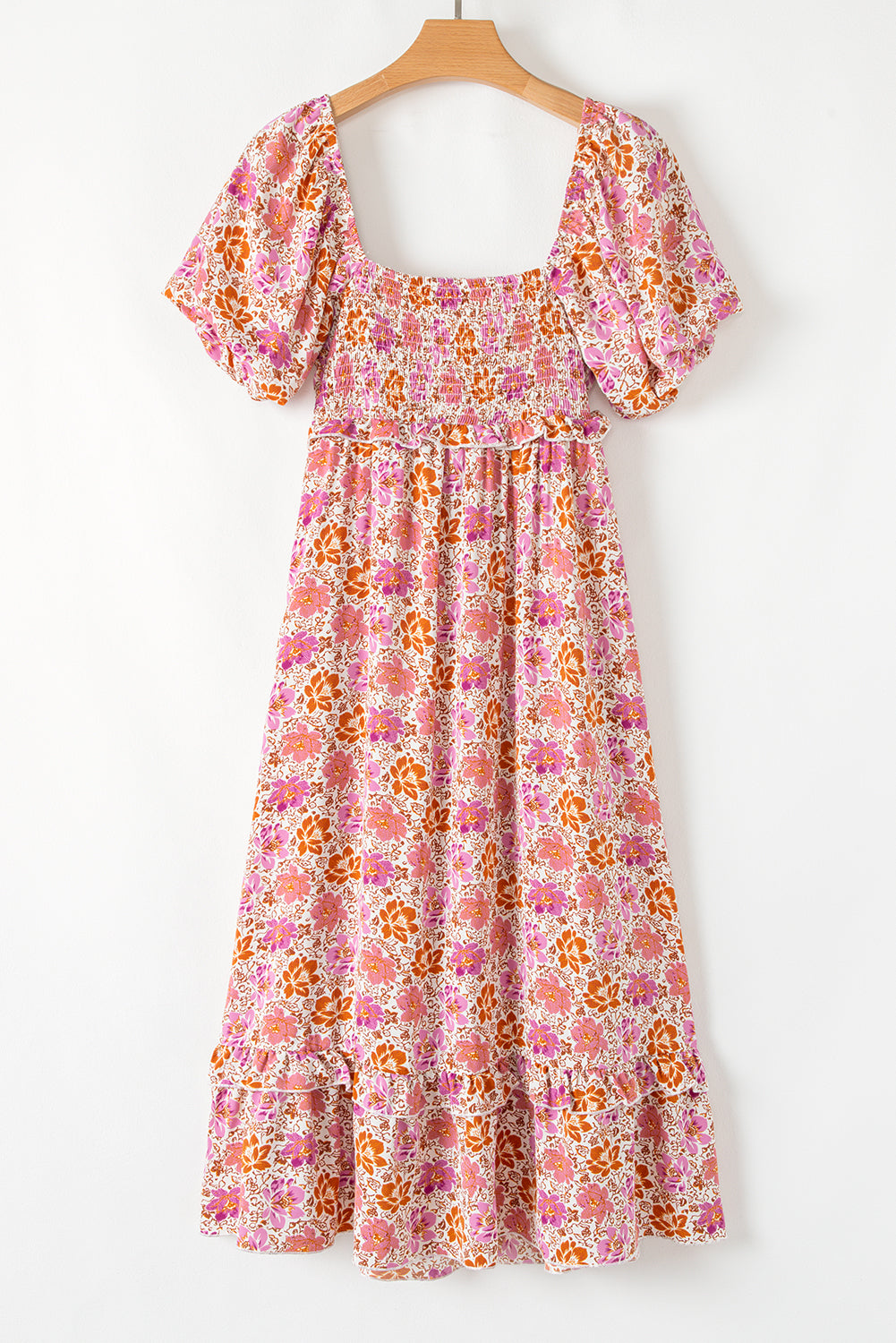 Pink Floral Square Neck Midi Dress