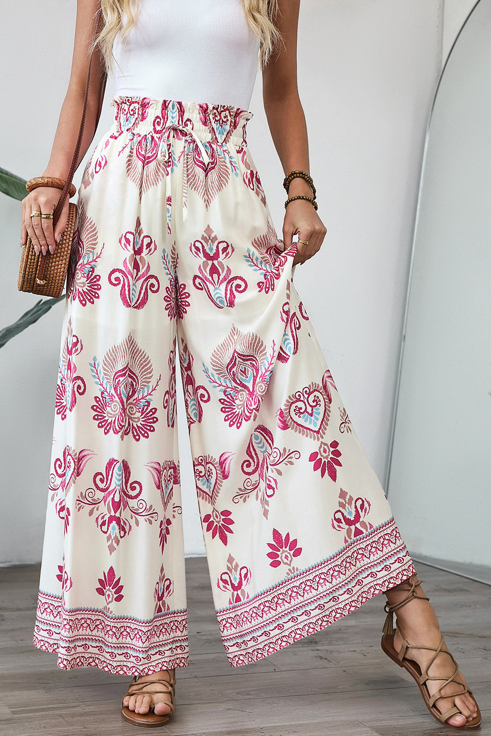 Rose Boho Printed Wide Leg Pants