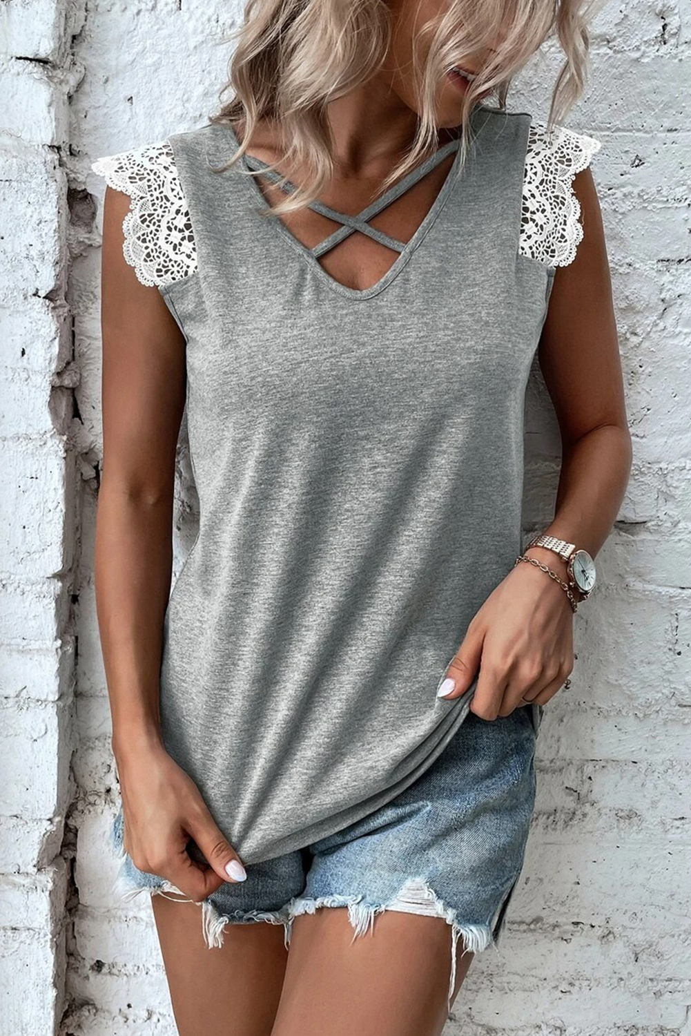 Gray Lace Patchwork Tank Top
