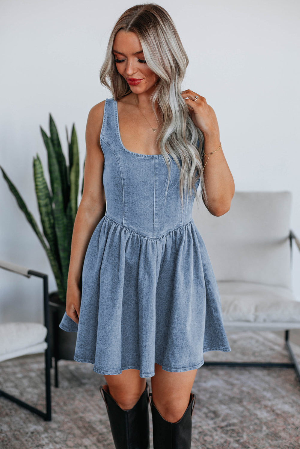 Square Bowknot Denim Dress