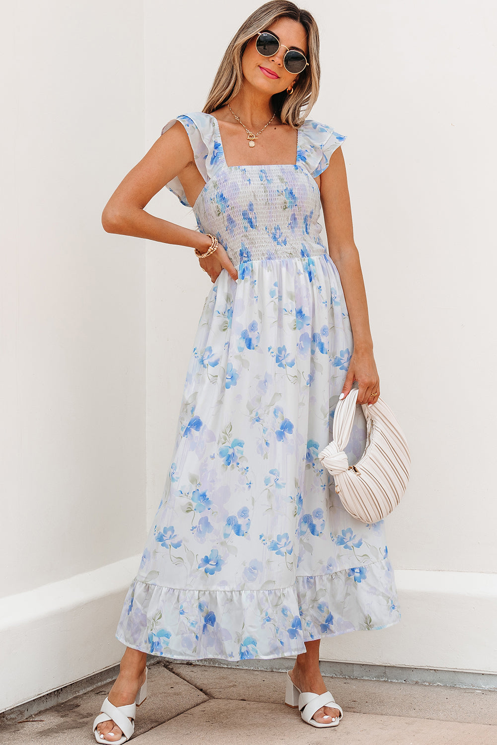 Sky Blue Floral Ruffle Sleeveless Dress