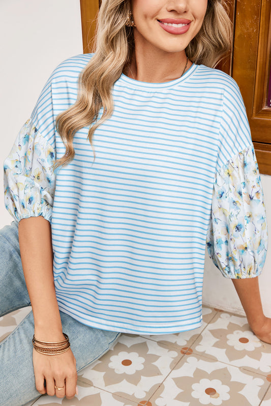 Sky Blue Stripe 3/4 Floral Puff Top