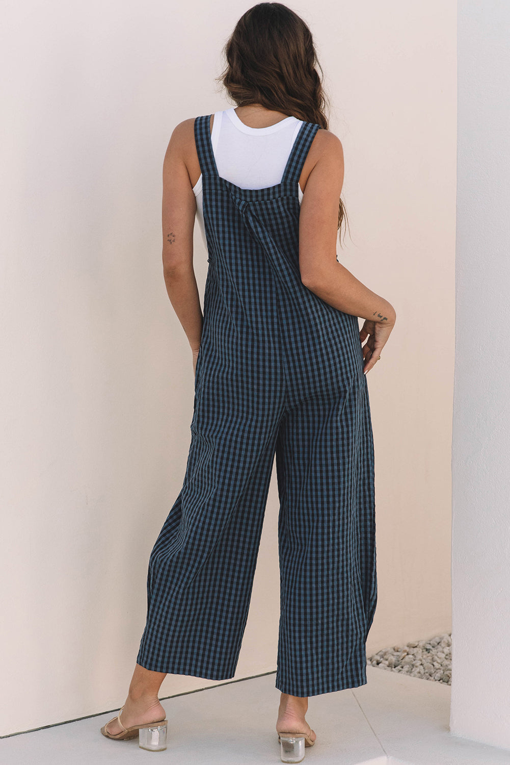 Blue Plaid Print High Waist Overall