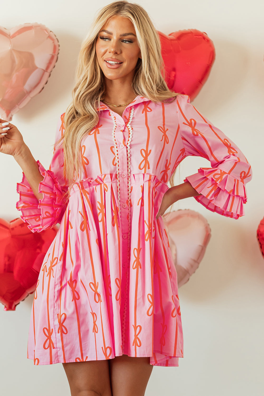 Pink Bowknot Mini Shirt Dress