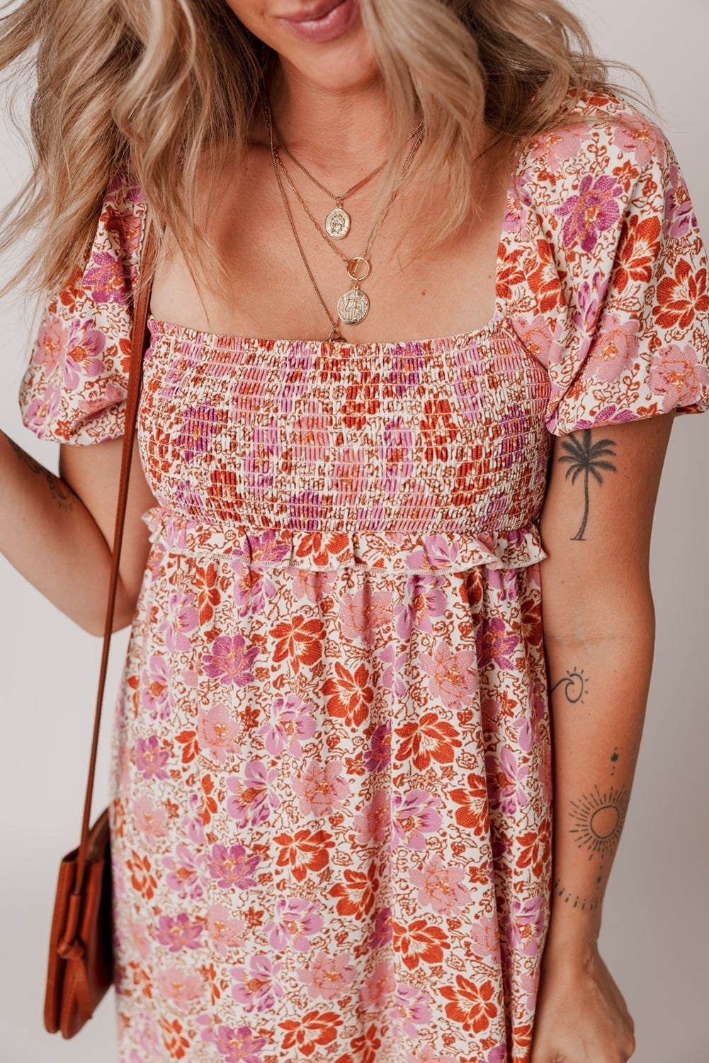 Pink Floral Square Neck Midi Dress