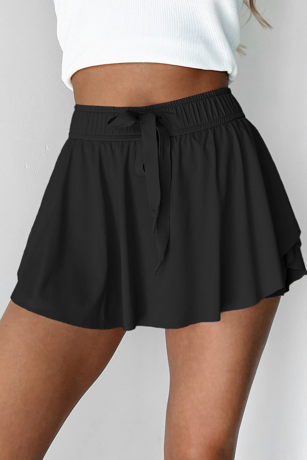 Black Drawstring High Waist Tennis Skorts