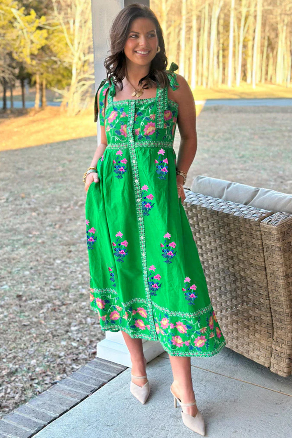 Green Floral Print Midi Dress