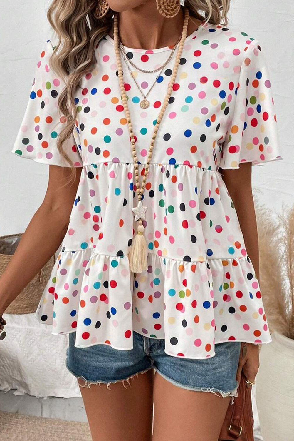 White Colorful Polka Dot Babydoll Blouse