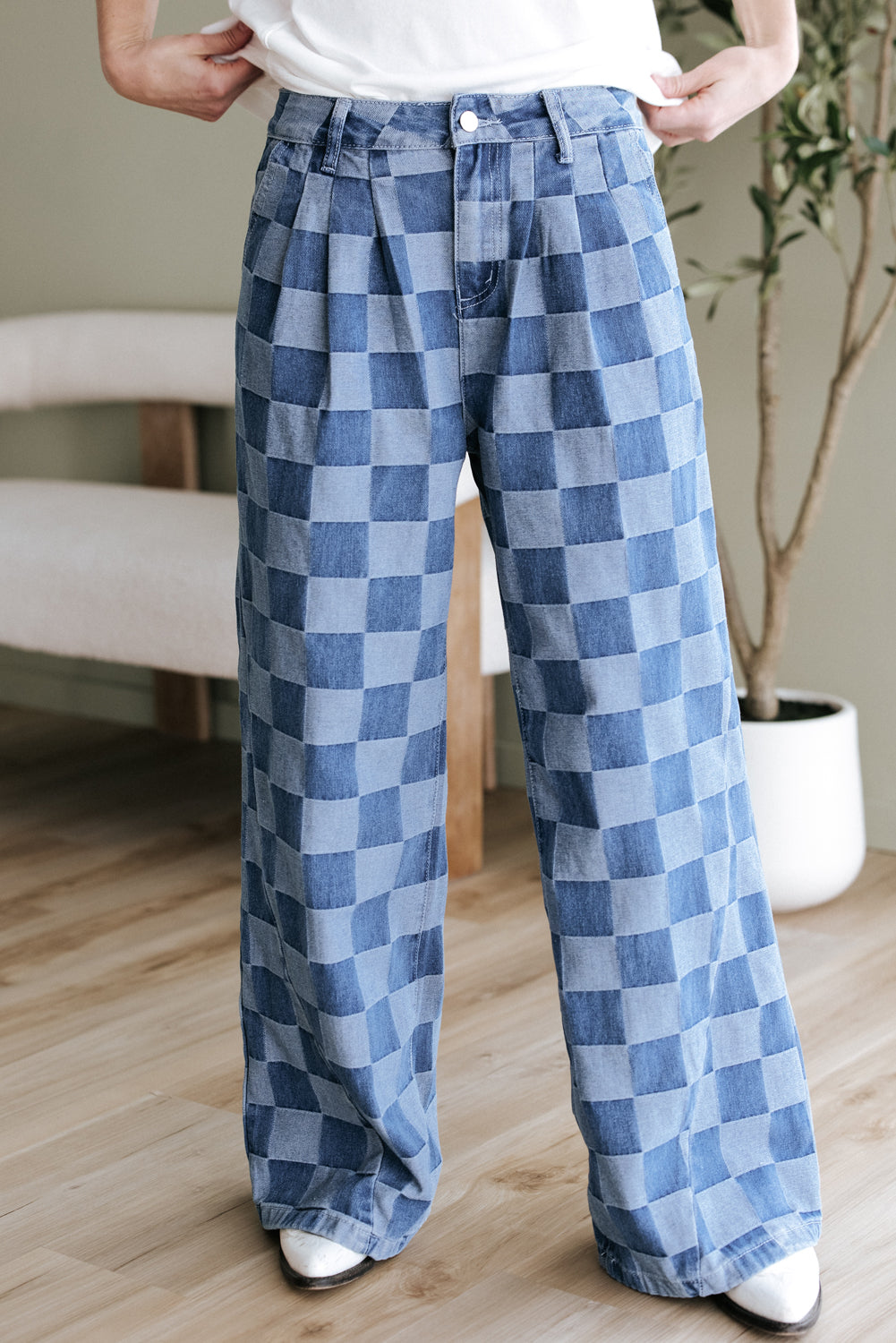 Checkered Denim Wide Leg Jeans