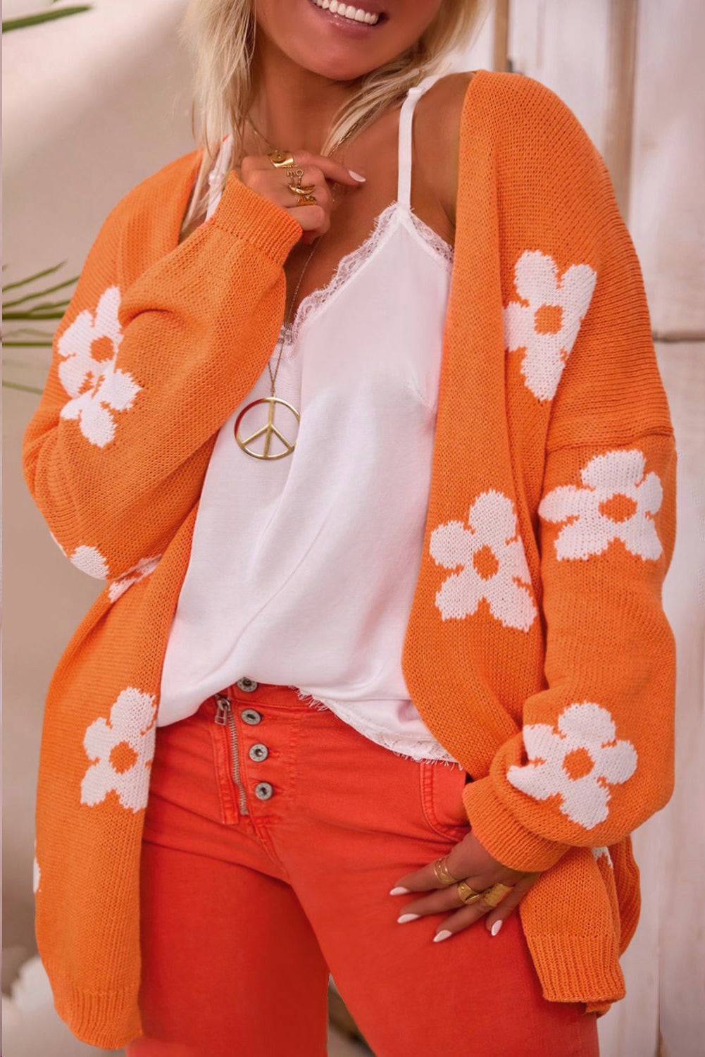 Orange Flower Pattern Cardigan