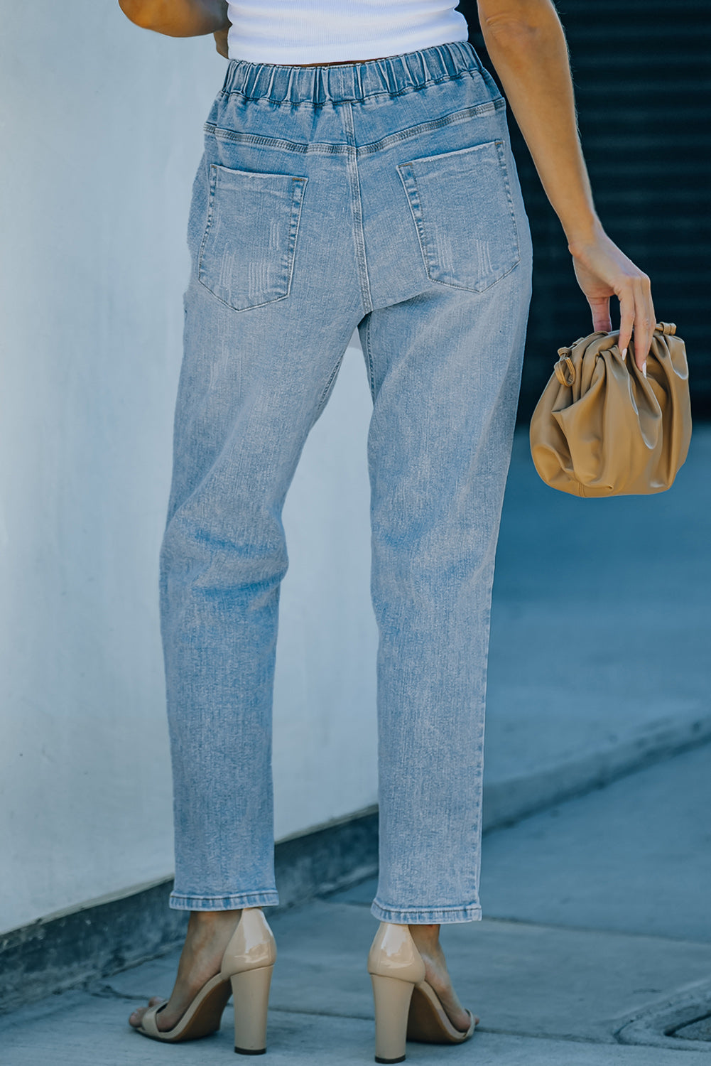 Blue Distressed Pocketed Denim Jogger