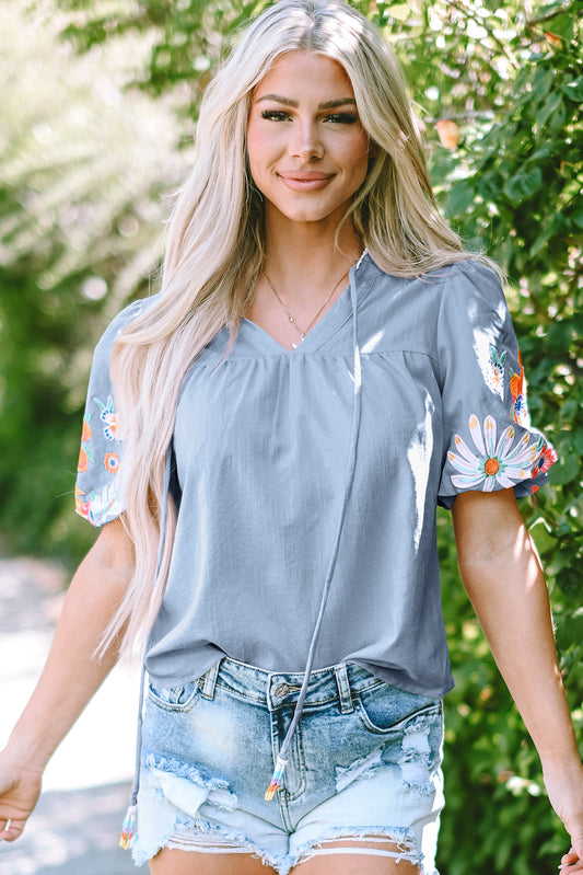 Blue Floral Embroidered Blouse