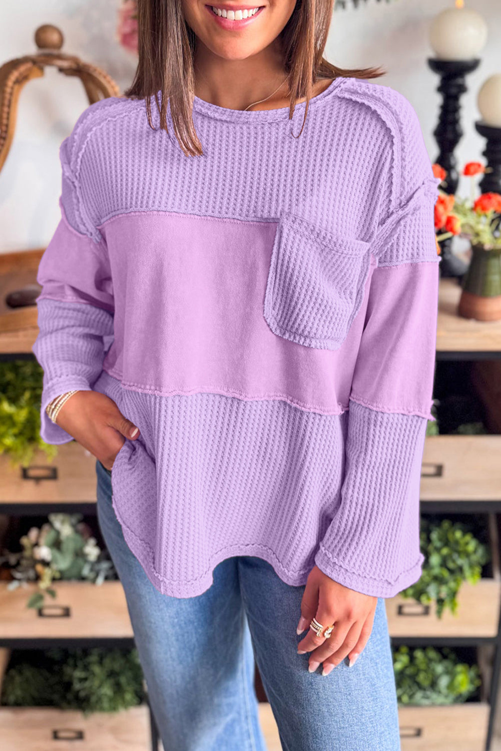 Thermal Knit Patchwork Long Sleeve Top