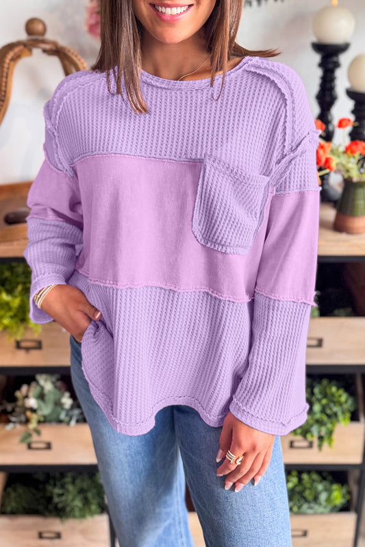 Thermal Knit Patchwork Long Sleeve Top