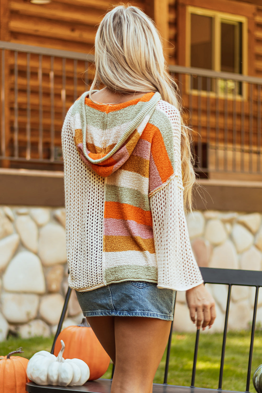 Beige Oversized Colorblock Hooded Sweater