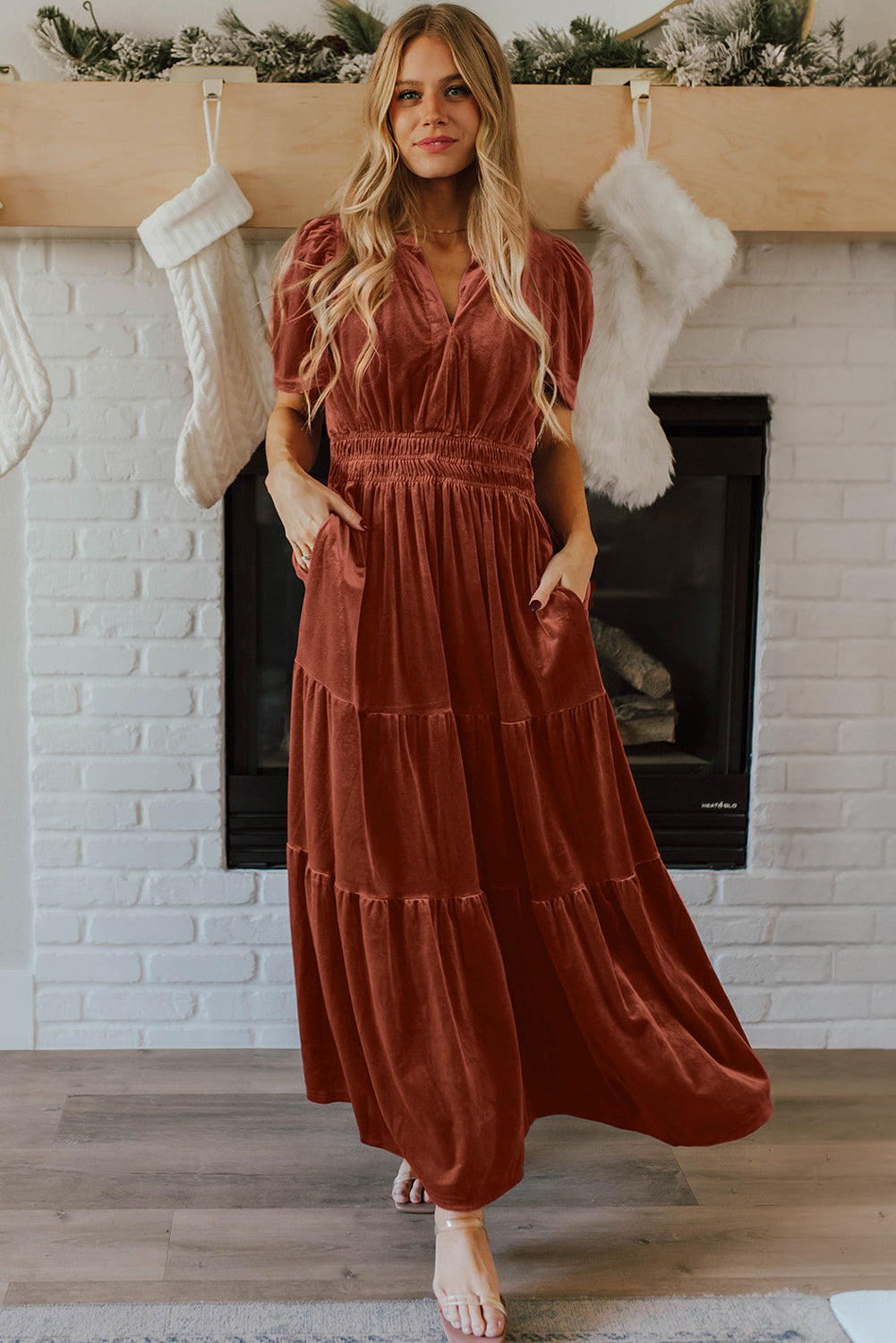 Chestnut Velvet Tiered Maxi Dress